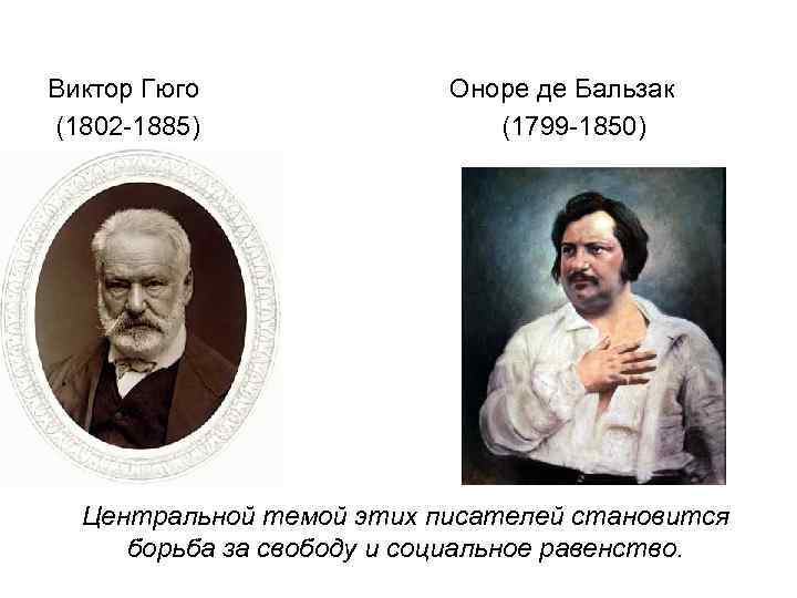 Виктор Гюго (1802 -1885) Оноре де Бальзак (1799 -1850) Центральной темой этих писателей становится