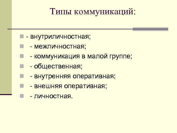 Типы коммуникаций: n - внутриличностная; n - межличностная; n - коммуникация в малой группе;