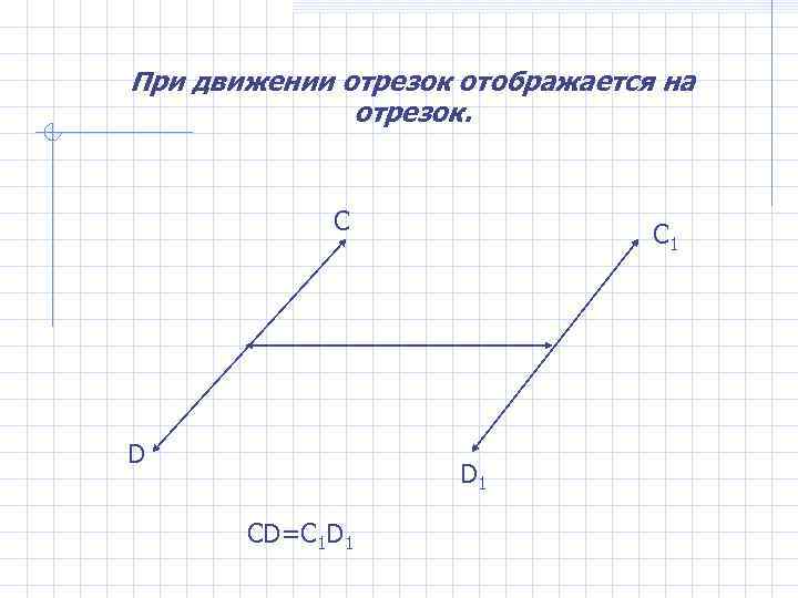 При движении отрезок отображается на отрезок. С D C 1 D 1 CD=C 1