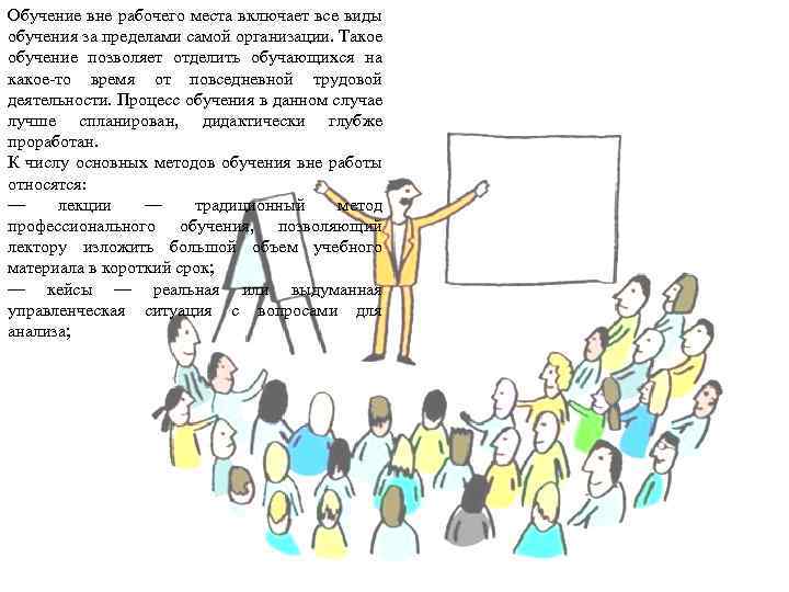 Обучение вне рабочего места включает все виды обучения за пределами самой организации. Такое обучение