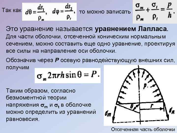 Так как то можно записать Это уравнение называется уравнением Лапласа. Для части оболочки, отсеченной