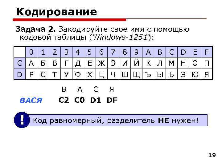 Кодирование Задача 2. Закодируйте свое имя с помощью кодовой таблицы (Windows-1251): 0 1 2