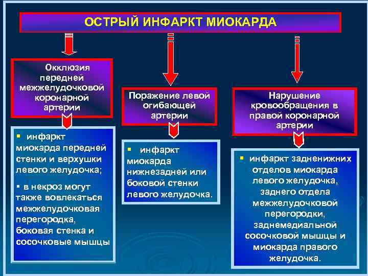 ОСТРЫЙ ИНФАРКТ МИОКАРДА Окклюзия передней межжелудочковой коронарной артерии Поражение левой огибающей артерии § инфаркт
