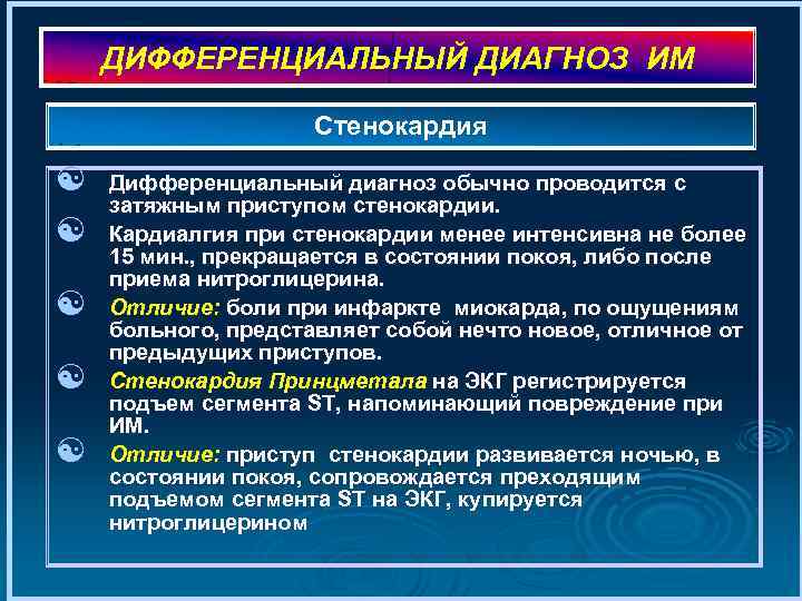 ДИФФЕРЕНЦИАЛЬНЫЙ ДИАГНОЗ ИМ Стенокардия [ [ [ Дифференциальный диагноз обычно проводится с затяжным приступом