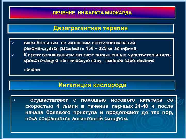 ЛЕЧЕНИЕ ИНФАРКТА МИОКАРДА Дезагрегантная терапия Ø Ø всем больным, не имеющим противопоказаний, рекомендуется разжевать
