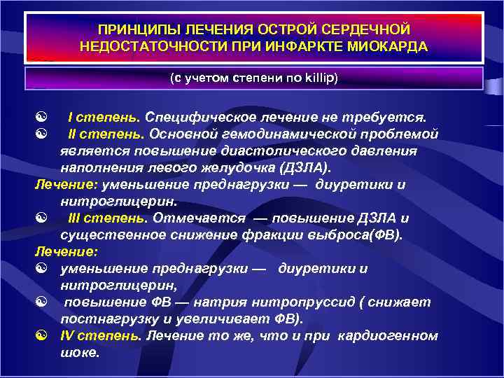 ПРИНЦИПЫ ЛЕЧЕНИЯ ОСТРОЙ СЕРДЕЧНОЙ НЕДОСТАТОЧНОСТИ ПРИ ИНФАРКТЕ МИОКАРДА (с учетом степени по killip) [