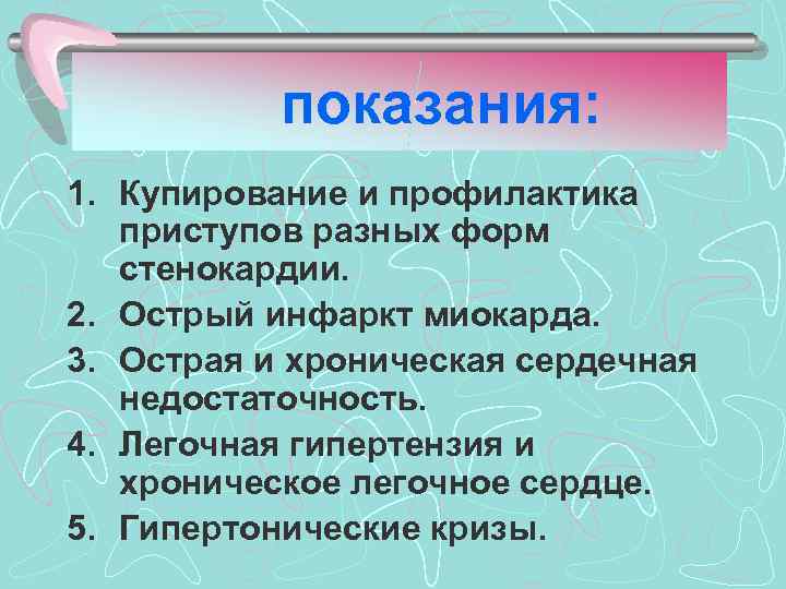 показания: 1. Купирование и профилактика приступов разных форм стенокардии. 2. Острый инфаркт миокарда. 3.
