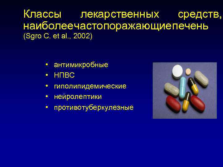 Классы лекарственных средств, наиболее часто поражающие печень (Sgro C. et al. , 2002) •