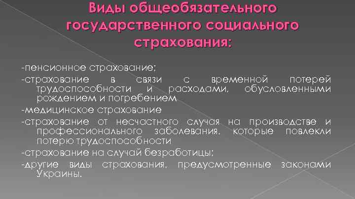 Виды общеобязательного государственного социального страхования: -пенсионное страхование; -страхование в связи с временной потерей трудоспособности