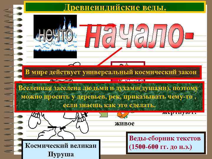 Древнеиндийские веды. В мире действует универсальный космический закон Вселенная заселена людьми и духами(душами), поэтому