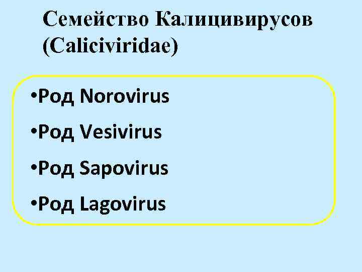 Семейство Калицивирусов (Caliciviridae) • Род Norovirus • Род Vesivirus • Род Sapovirus • Род