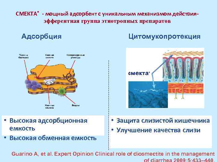СМЕКТА® - мощный адсорбент с уникальным механизмом действияэфферентная группа этиотропных препаратов Адсорбция • Высокая