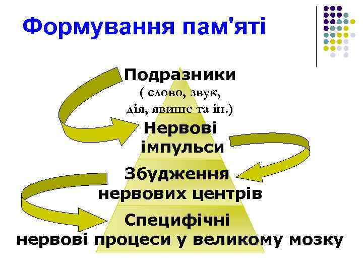 Формування пам'яті Подразники ( слово, звук, дія, явище та ін. ) Нервові імпульси Збудження