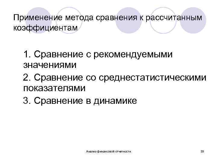 Применение метода сравнения к рассчитанным коэффициентам 1. Сравнение с рекомендуемыми значениями 2. Сравнение со