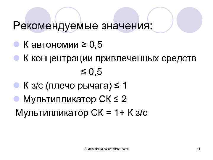 Рекомендуемые значения: l К автономии ≥ 0, 5 l К концентрации привлеченных средств ≤