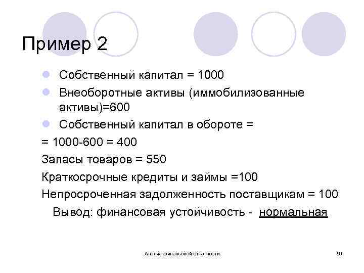 Пример 2 l Собственный капитал = 1000 l Внеоборотные активы (иммобилизованные активы)=600 l Собственный