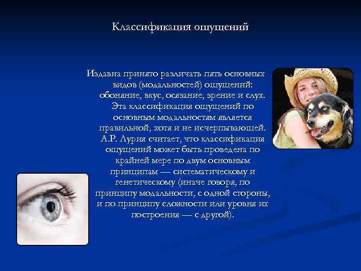Классификация ощущений Издавна принято различать пять основных видов (модальностей) ощущений: обоняние, вкус, осязание, зрение
