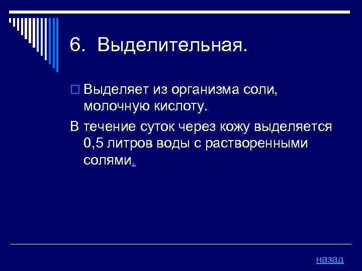 6. Выделительная. o Выделяет из организма соли, молочную кислоту. В течение суток через кожу