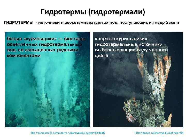 Гидротермы (гидротермали) ГИДРОТЕРМЫ - источники высокотемпературных вод, поступающих из недр Земли белые «курильщики» —