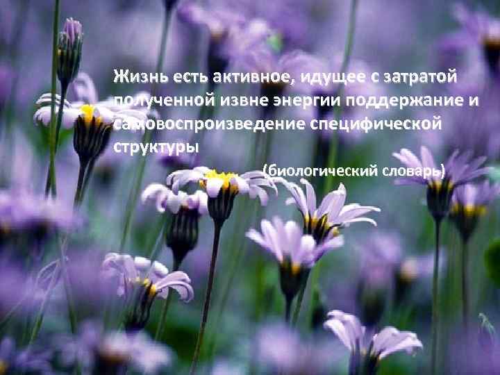 Жизнь есть активное, идущее с затратой полученной извне энергии поддержание и самовоспроизведение специфической структуры