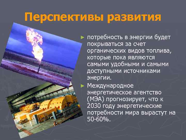 Перспективы развития потребность в энергии будет покрываться за счет органических видов топлива, которые пока