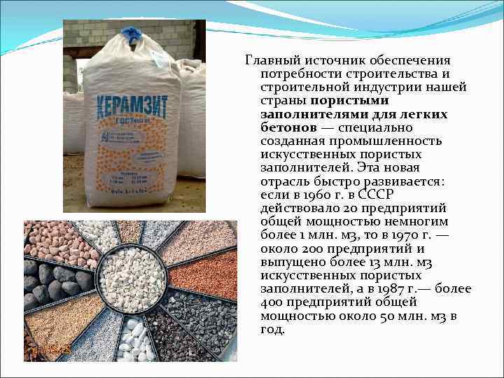 Главный источник обеспечения потребности строительства и строительной индустрии нашей страны пористыми заполнителями для легких