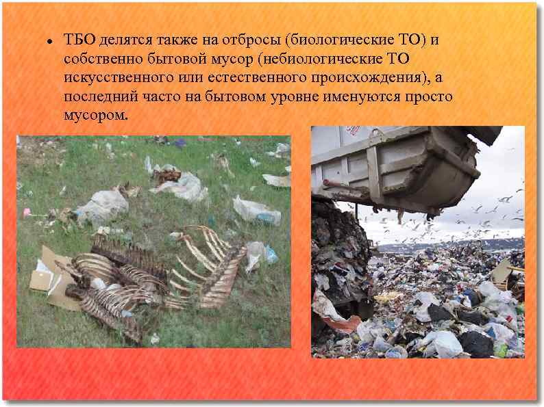  ТБО делятся также на отбросы (биологические ТО) и собственно бытовой мусор (небиологические ТО