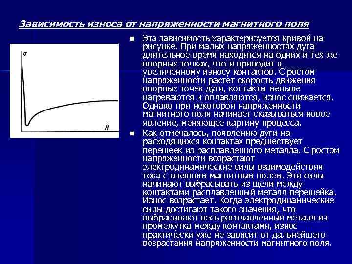 Зависимость износа от напряженности магнитного поля n n Эта зависимость характеризуется кривой на рисунке.