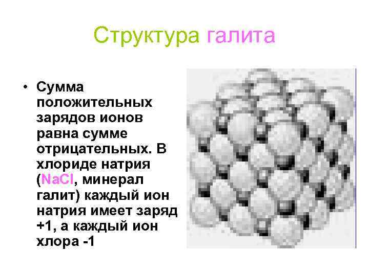 Сумма положительных зарядов равна. Строение кристалла галит. Структура галита. Галит решетка. Плотность галита.