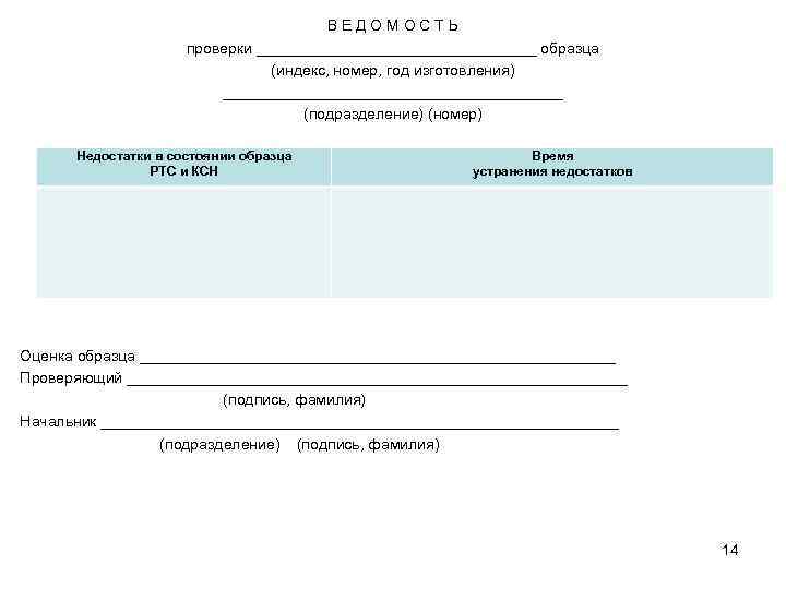 В Е Д О М О С Т Ь проверки _________________ образца (индекс, номер,