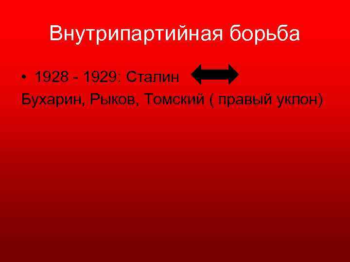 Внутрипартийная борьба • 1928 1929: Сталин Бухарин, Рыков, Томский ( правый уклон) 