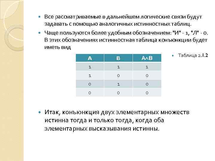 Все рассматриваемые в дальнейшем логические связи будут задавать с помощью аналогичных истинностных таблиц. Чаще