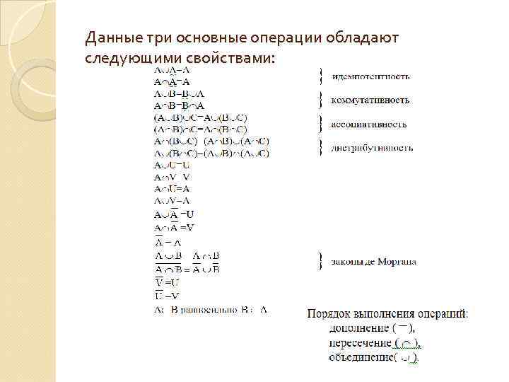 Данные три основные операции обладают следующими свойствами: 