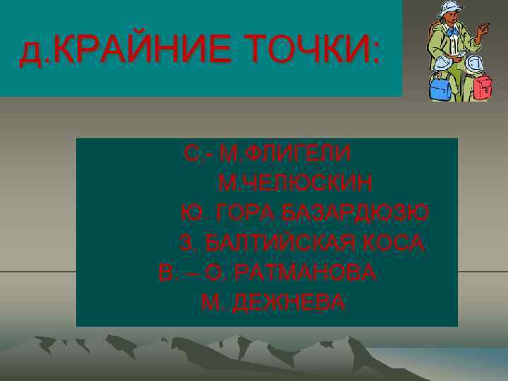 д. КРАЙНИЕ ТОЧКИ: С. - М. ФЛИГЕЛИ М. ЧЕЛЮСКИН Ю. ГОРА БАЗАРДЮЗЮ З. БАЛТИЙСКАЯ
