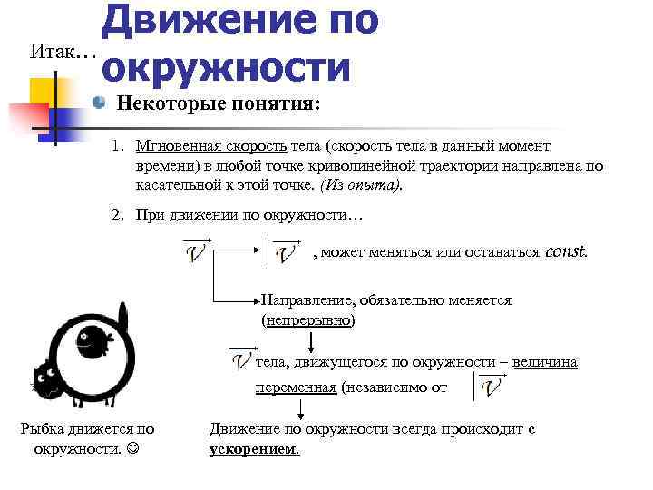 Движение по Итак… окружности Некоторые понятия: 1. Мгновенная скорость тела (скорость тела в данный