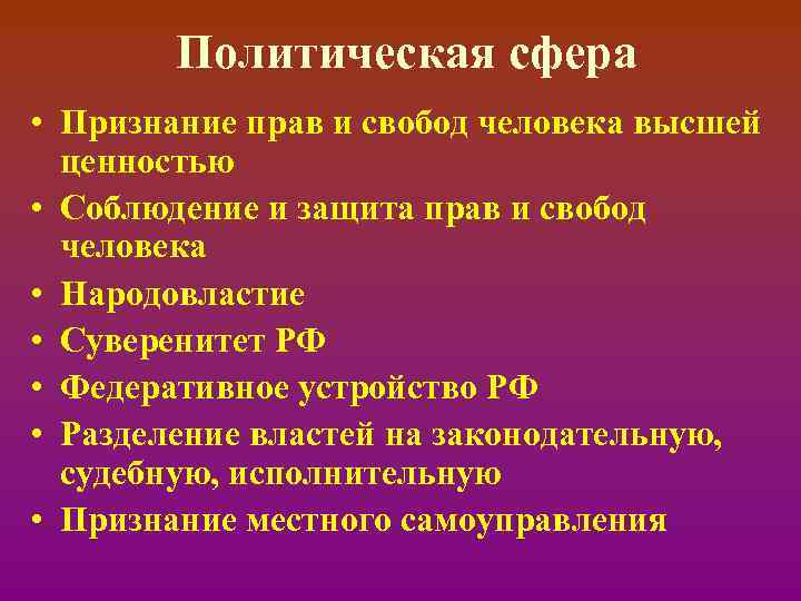 Политическая сфера • Признание прав и свобод человека высшей ценностью • Соблюдение и защита