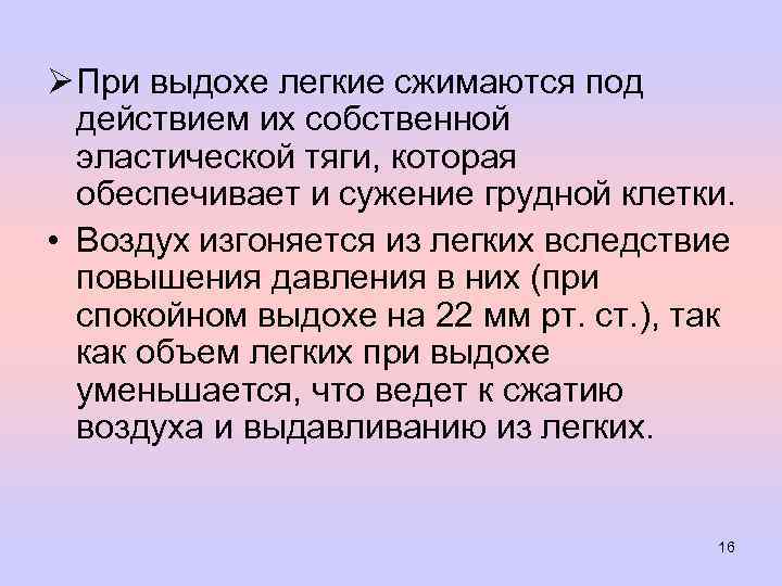 Ø При выдохе легкие сжимаются под действием их собственной эластической тяги, которая обеспечивает и