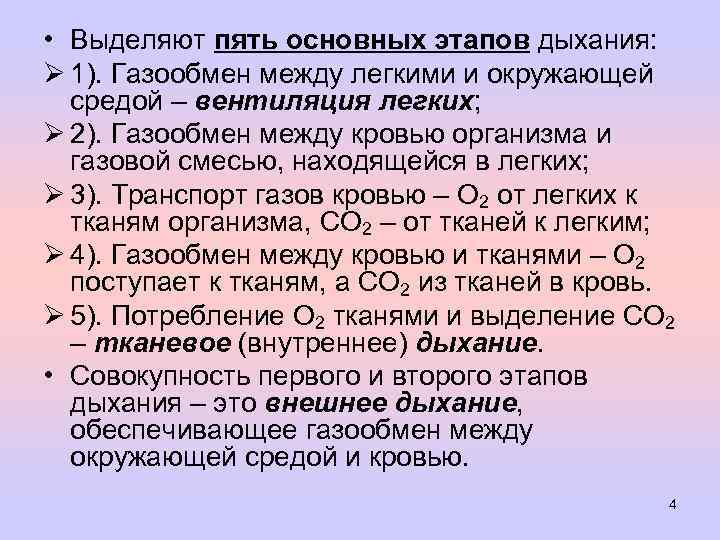  • Выделяют пять основных этапов дыхания: Ø 1). Газообмен между легкими и окружающей