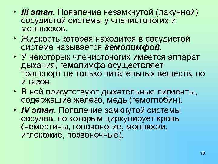  • III этап. Появление незамкнутой (лакунной) сосудистой системы у членистоногих и моллюсков. •