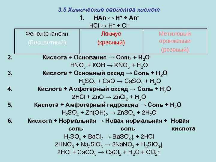 Свойства кислот и продукты реакций