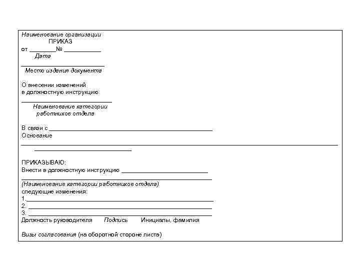 Наименование организации ПРИКАЗ от ____№ ______ Дата _____________ Место издания документа О внесении изменений Наименование организации ПРИКАЗ от ____№ ______ Дата _____________ Место издания документа О внесении изменений