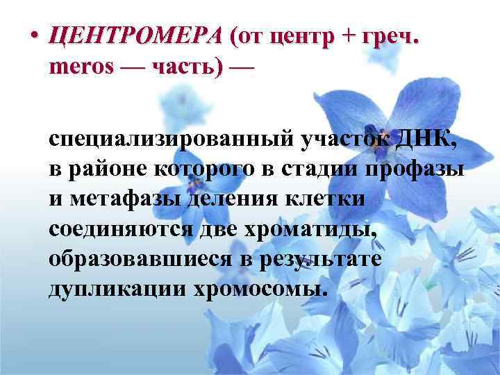  • ЦЕНТРОМЕРА (от центр + греч. meros — часть) — специализированный участок ДНК,