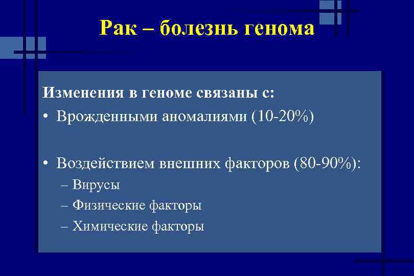 Рак – болезнь генома Изменения в геноме связаны с: • Врожденными аномалиями (10 -20%)