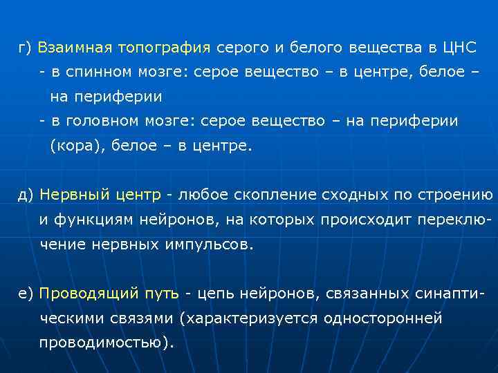 г) Взаимная топография серого и белого вещества в ЦНС в спинном мозге: серое вещество