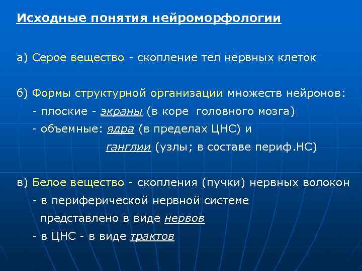 Исходные понятия нейроморфологии а) Серое вещество скопление тел нервных клеток б) Формы структурной организации