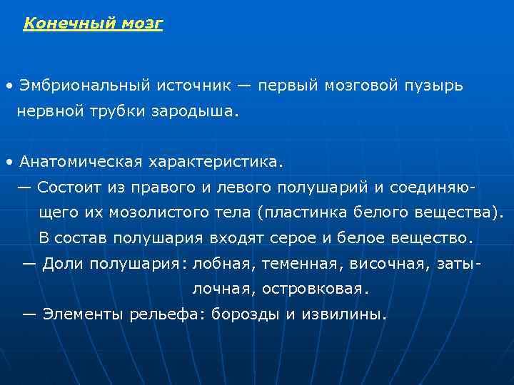 Конечный мозг • Эмбриональный источник — первый мозговой пузырь нервной трубки зародыша. • Анатомическая
