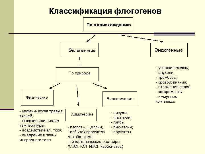 Классификация флогогенов По происхождению Эндогенные Экзогенные По природе Физические - механическая травма тканей; -