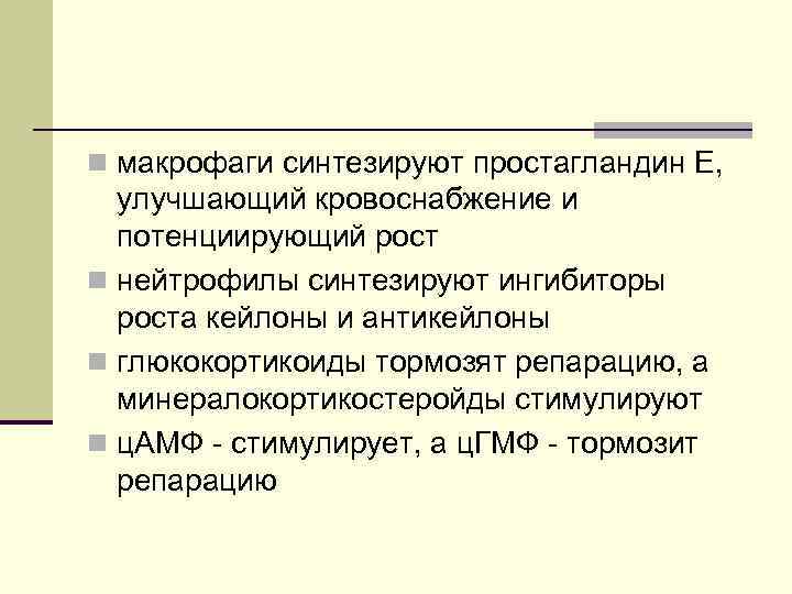 n макрофаги синтезируют простагландин Е, улучшающий кровоснабжение и потенциирующий рост n нейтрофилы синтезируют ингибиторы