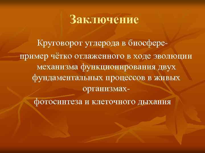 Заключение Круговорот углерода в биосферепример чётко отлаженного в ходе эволюции механизма функционирования двух фундаментальных