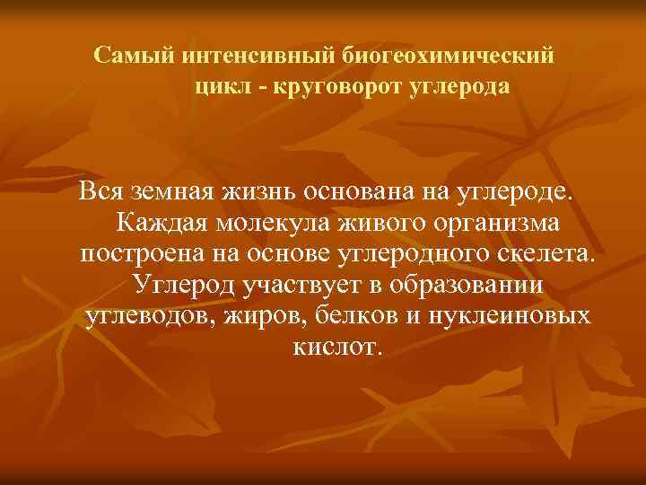 Самый интенсивный биогеохимический цикл - круговорот углерода Вся земная жизнь основана на углероде. Каждая